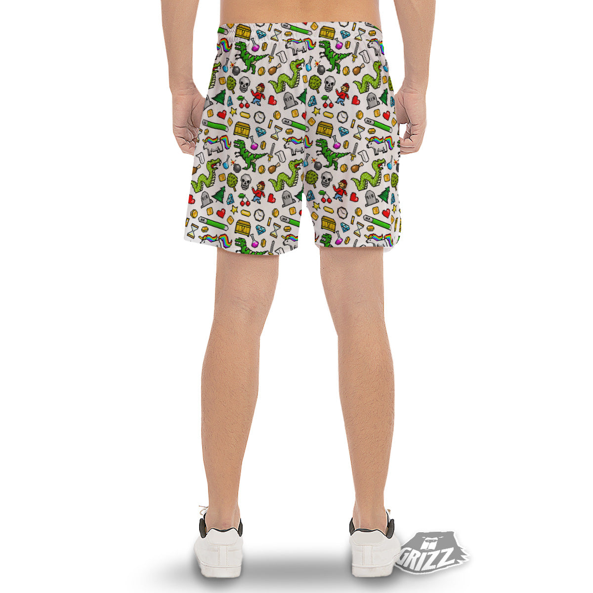 Pixel Art 8 Bit Retro Cartoon Print Pattern Men's Gym Shorts-grizzshop