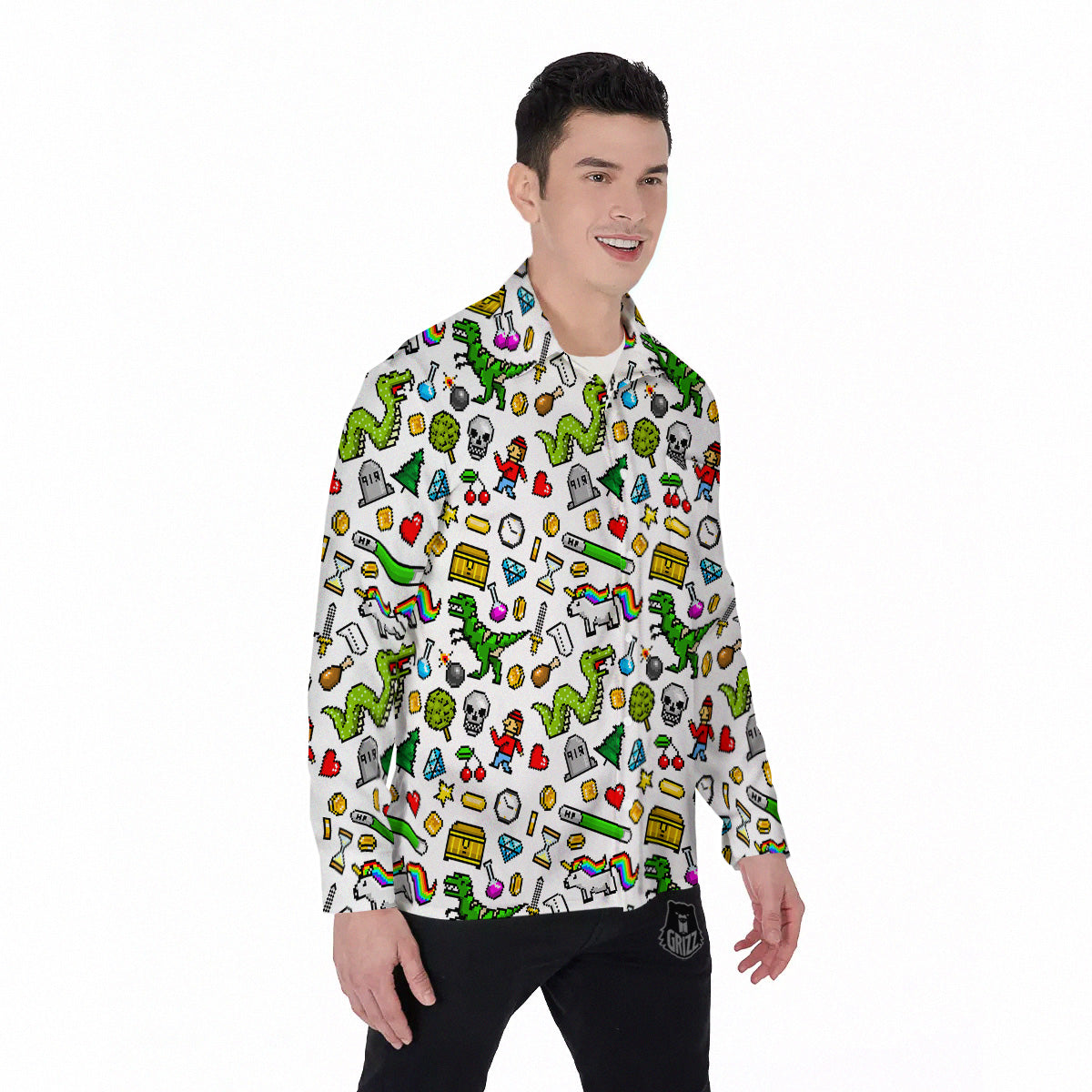 Pixel Art 8 Bit Retro Cartoon Print Pattern Men's Long Sleeve Shirts-grizzshop