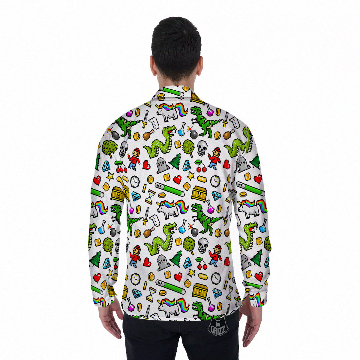 Pixel Art 8 Bit Retro Cartoon Print Pattern Men's Long Sleeve Shirts-grizzshop