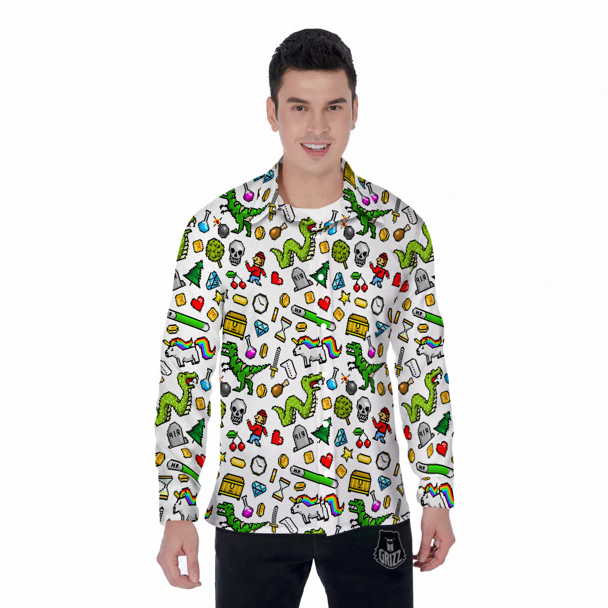 Pixel Art 8 Bit Retro Cartoon Print Pattern Men's Long Sleeve Shirts-grizzshop