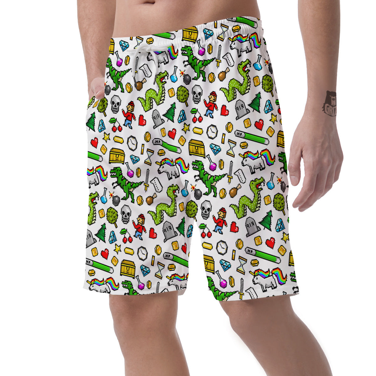 Pixel Art 8 Bit Retro Cartoon Print Pattern Men's Shorts-grizzshop