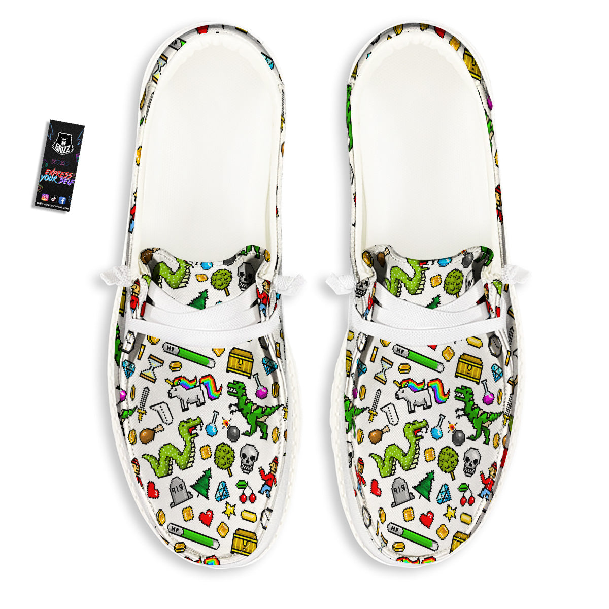 Pixel Art 8 Bit Retro Cartoon Print Pattern White Loafers-grizzshop