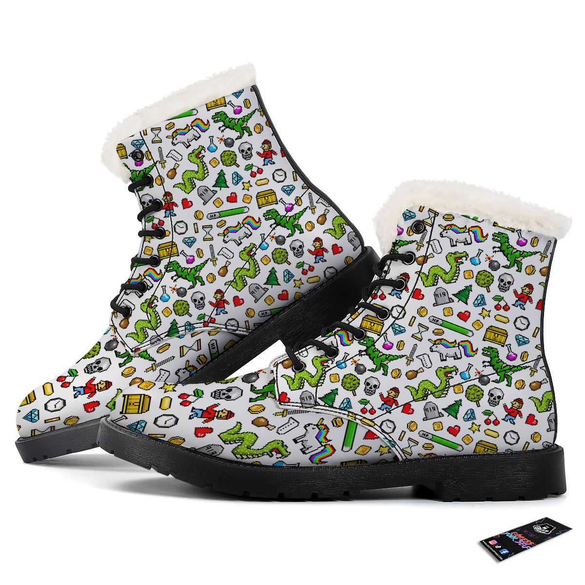 Pixel Art 8 Bit Retro Cartoon Print Pattern Winter Boots-grizzshop