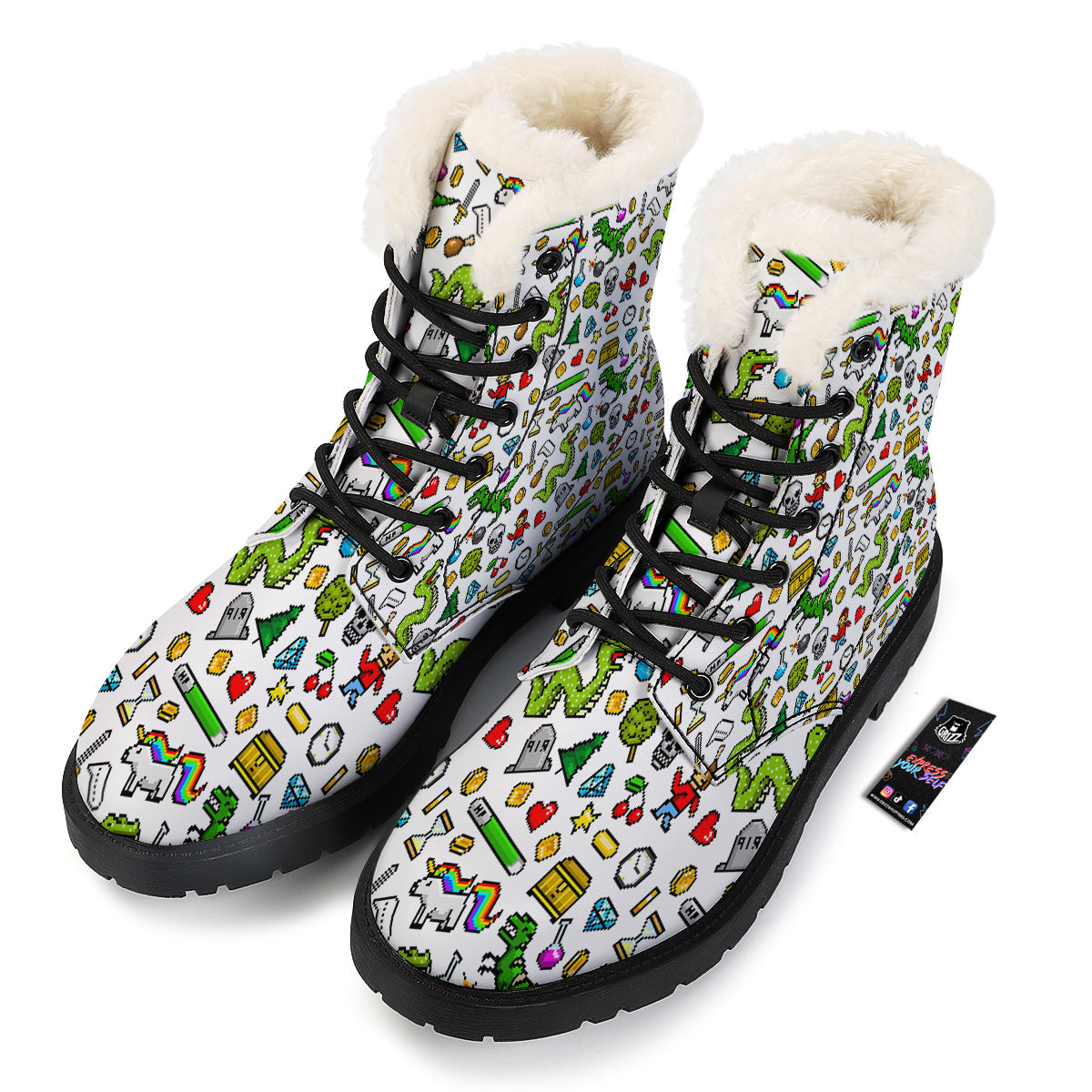 Pixel Art 8 Bit Retro Cartoon Print Pattern Winter Boots-grizzshop