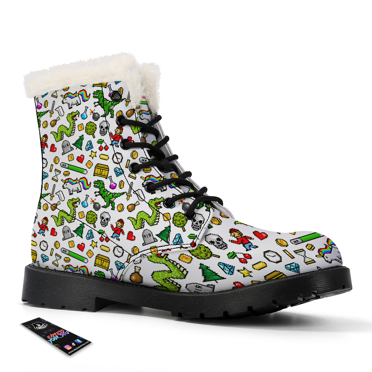 Pixel Art 8 Bit Retro Cartoon Print Pattern Winter Boots-grizzshop