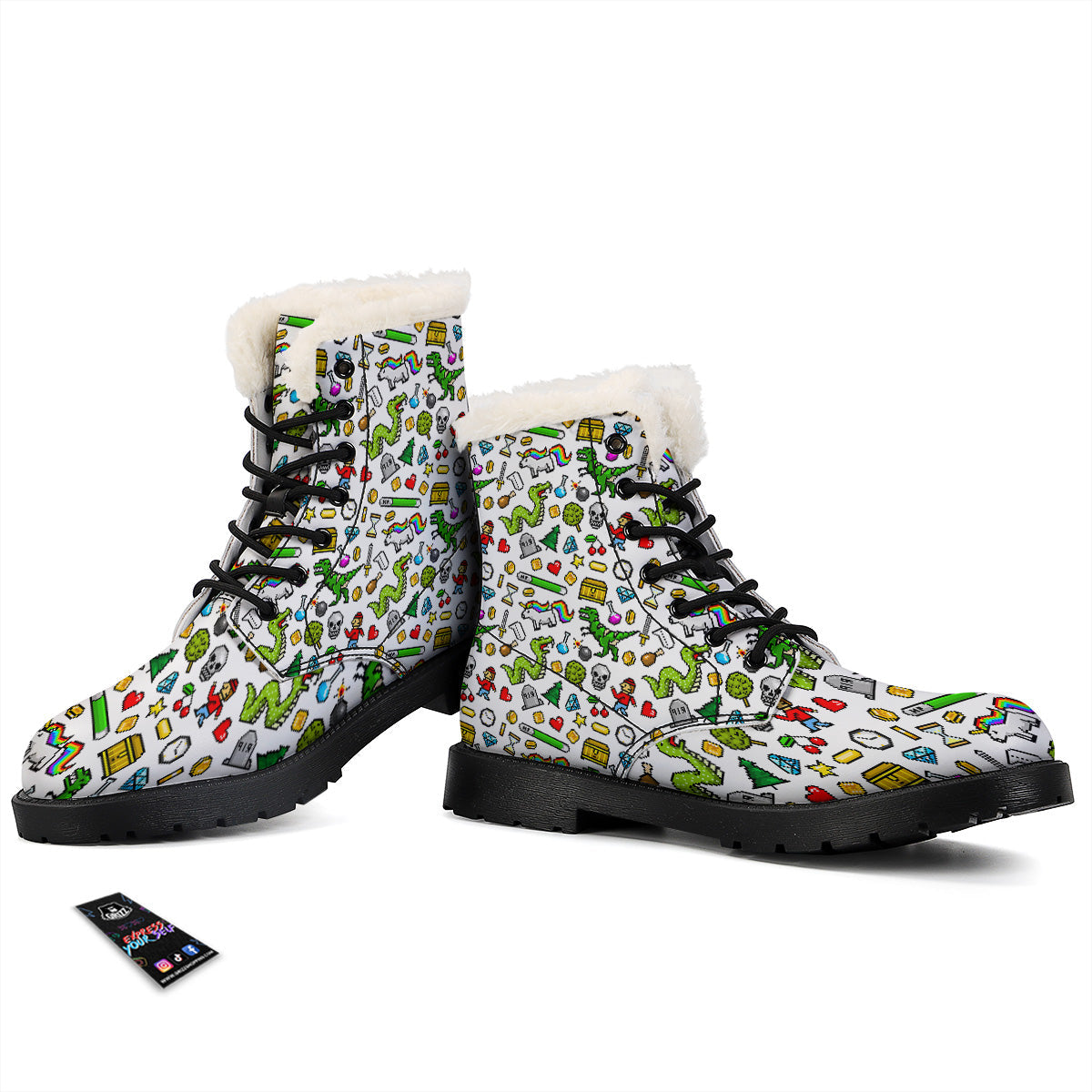 Pixel Art 8 Bit Retro Cartoon Print Pattern Winter Boots-grizzshop
