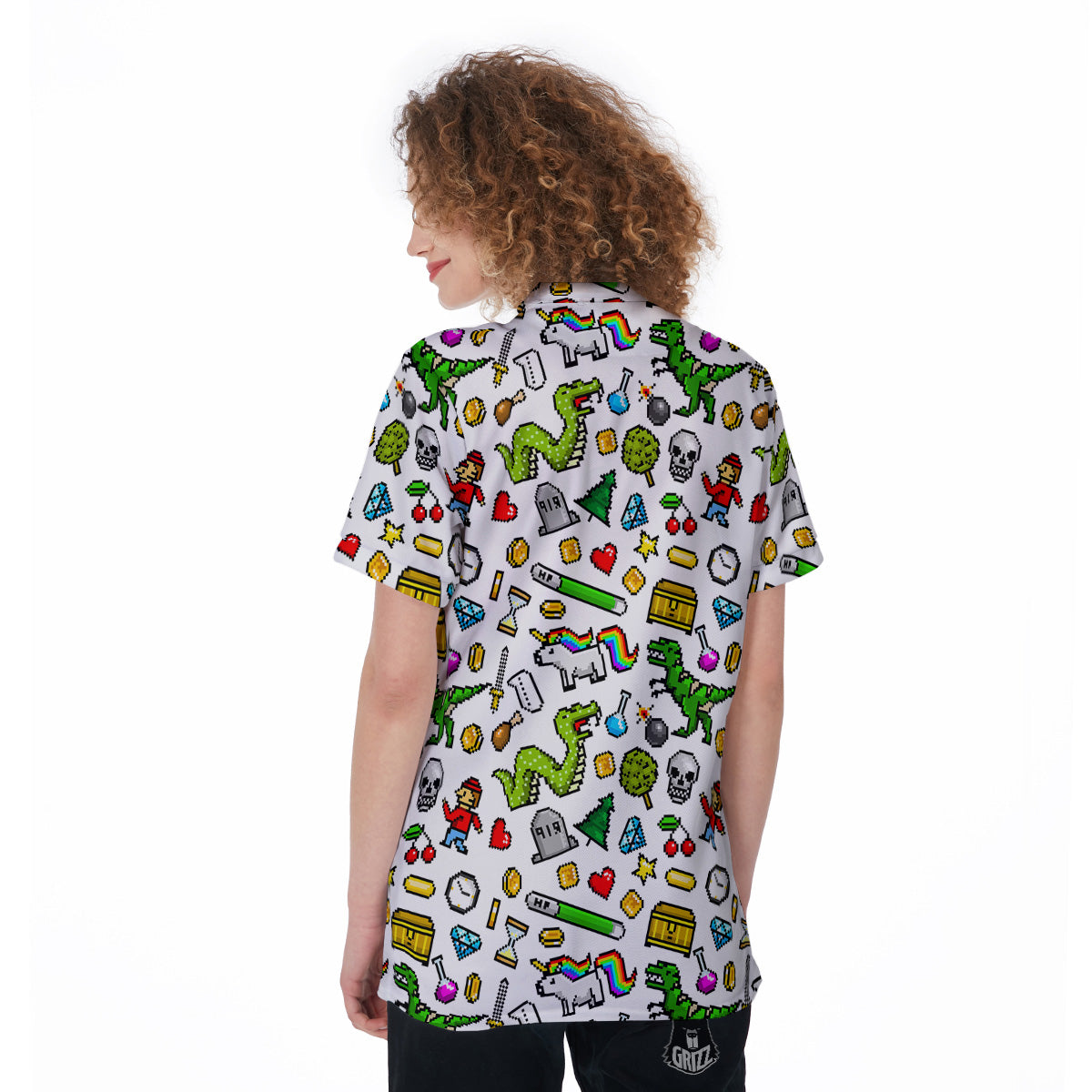 Pixel Art 8 Bit Retro Cartoon Print Pattern Women's Golf Shirts-grizzshop