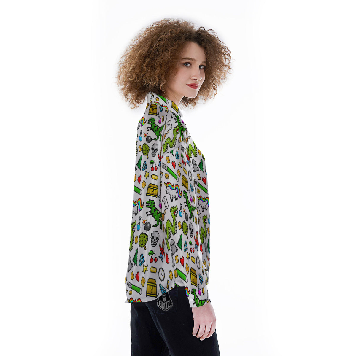 Pixel Art 8 Bit Retro Cartoon Print Pattern Women's Long Sleeve Shirts-grizzshop