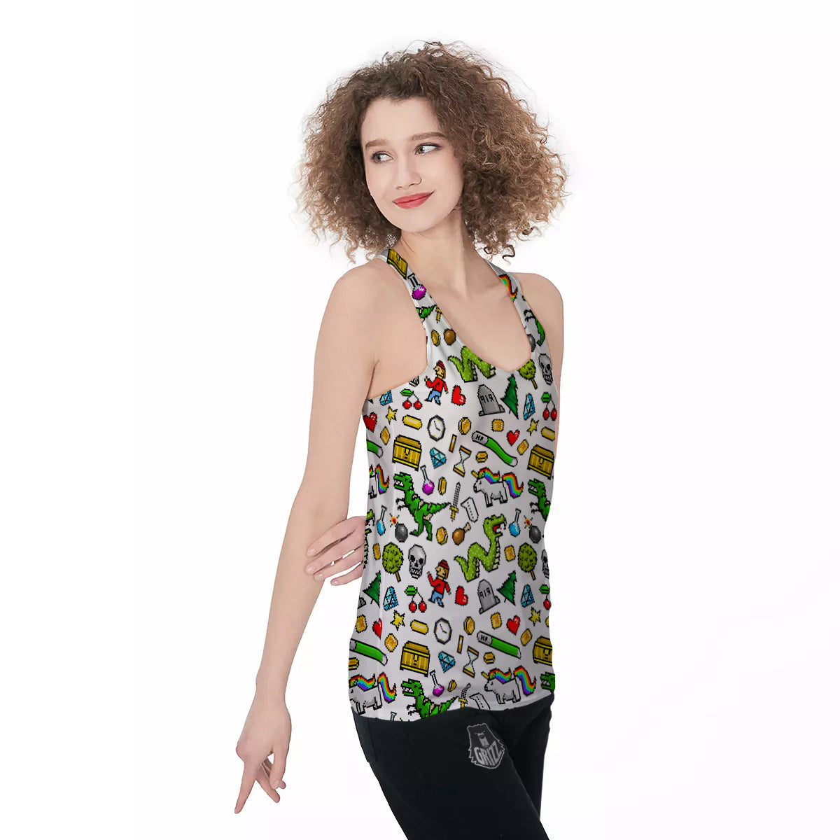 Pixel Art 8 Bit Retro Cartoon Print Pattern Women's Racerback Tank Top-grizzshop