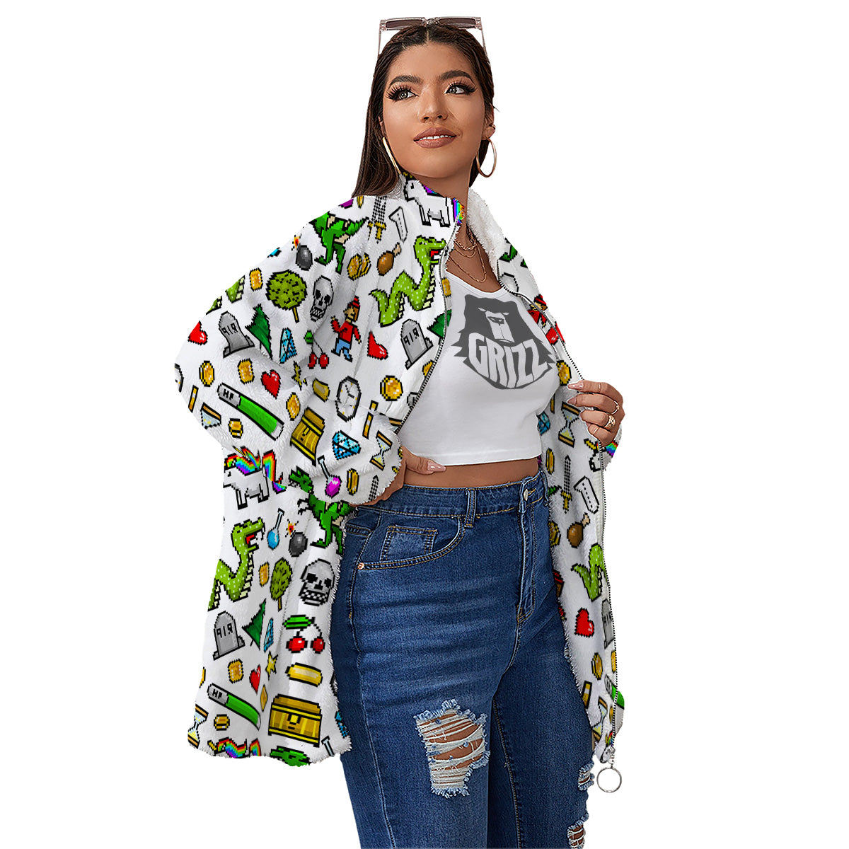 Pixel Art 8 Bit Retro Cartoon Print Pattern Women's Sherpa Jacket-grizzshop