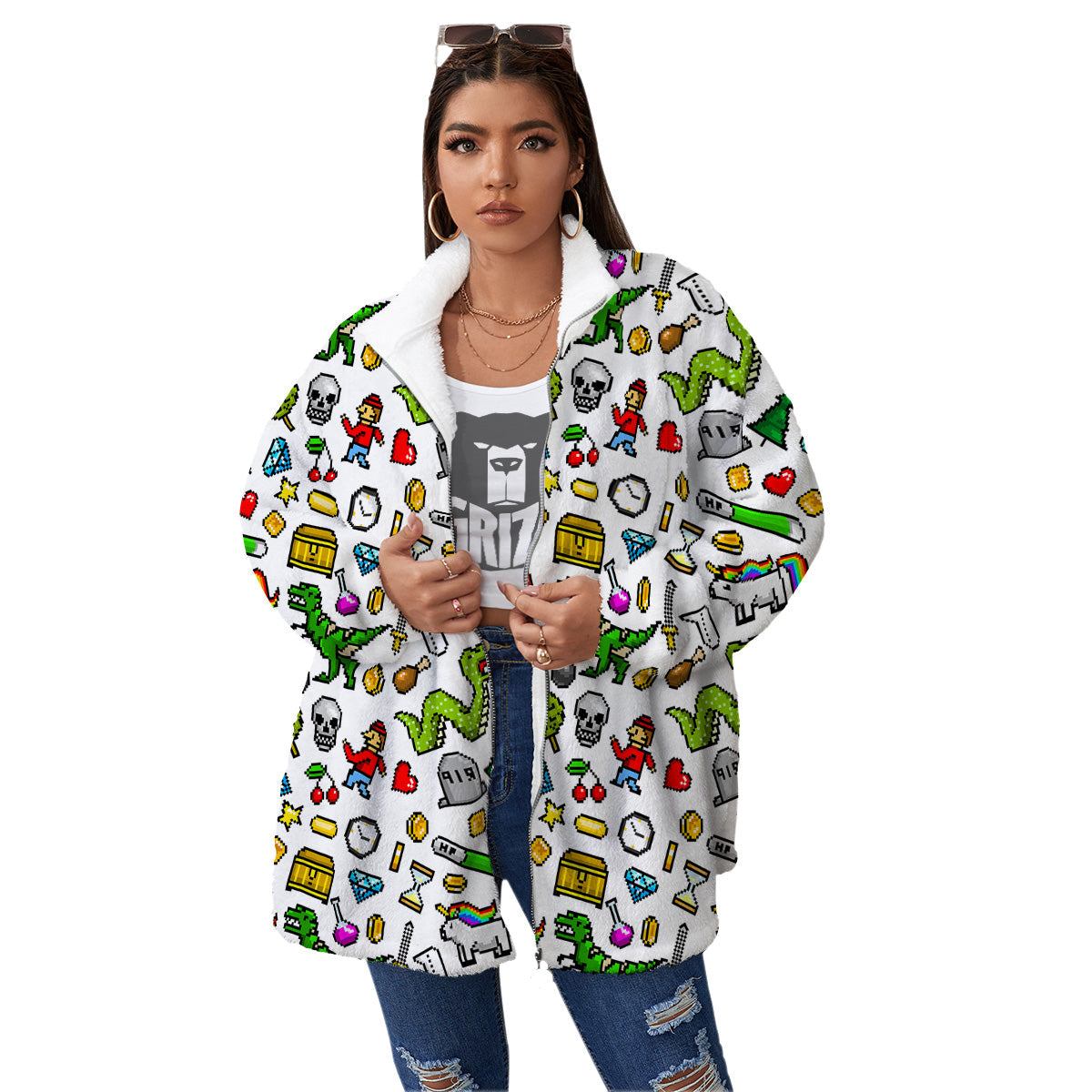 Pixel Art 8 Bit Retro Cartoon Print Pattern Women's Sherpa Jacket-grizzshop
