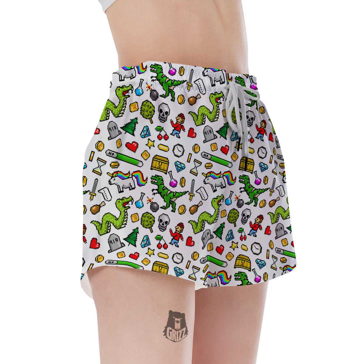 Pixel Art 8 Bit Retro Cartoon Print Pattern Women's Shorts-grizzshop