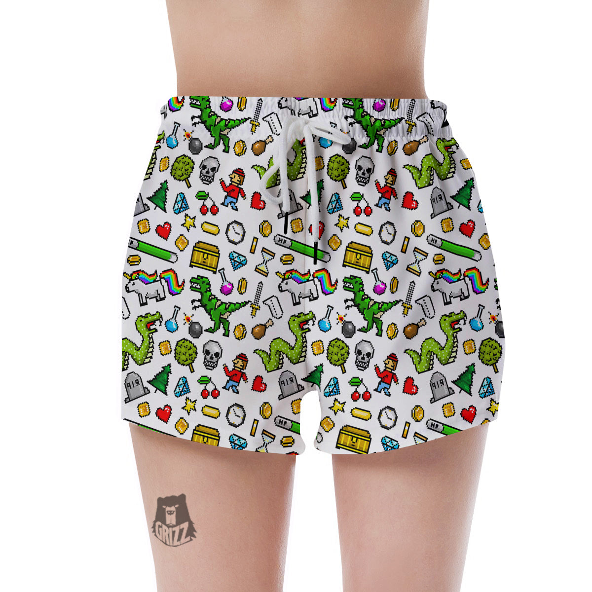 Pixel Art 8 Bit Retro Cartoon Print Pattern Women's Shorts-grizzshop