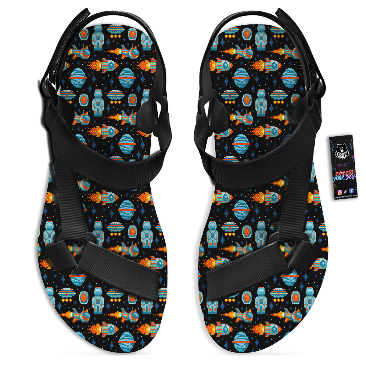 Pixel Art Space 8 Bit Print Pattern Black Open Toe Sandals-grizzshop
