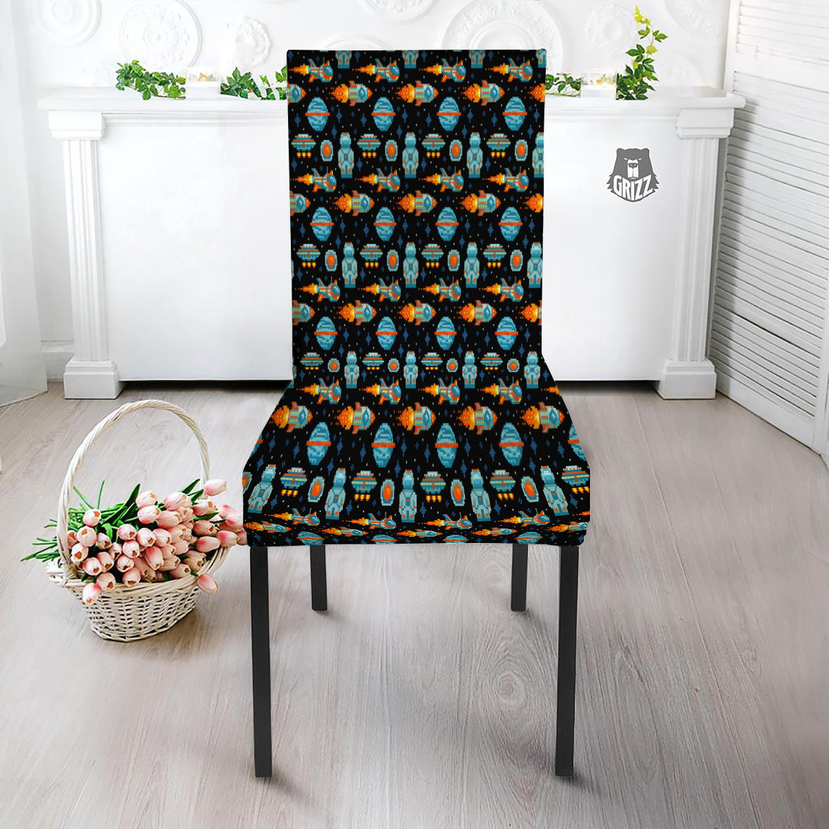 Pixel Art Space 8 Bit Print Pattern Dining Chair Slipcover-grizzshop