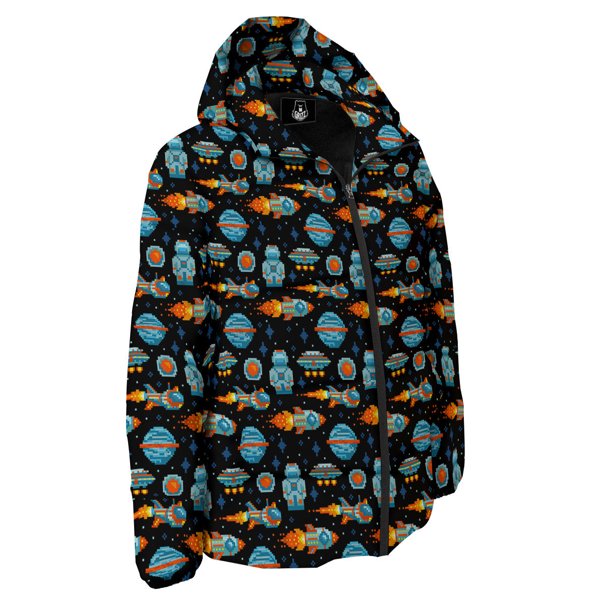Pixel Art Space 8 Bit Print Pattern Down Jacket-grizzshop