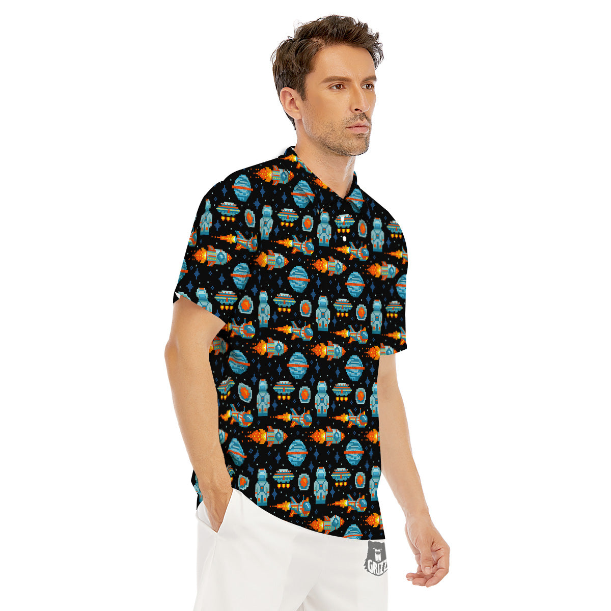 Pixel Art Space 8 Bit Print Pattern Men's Golf Shirts-grizzshop