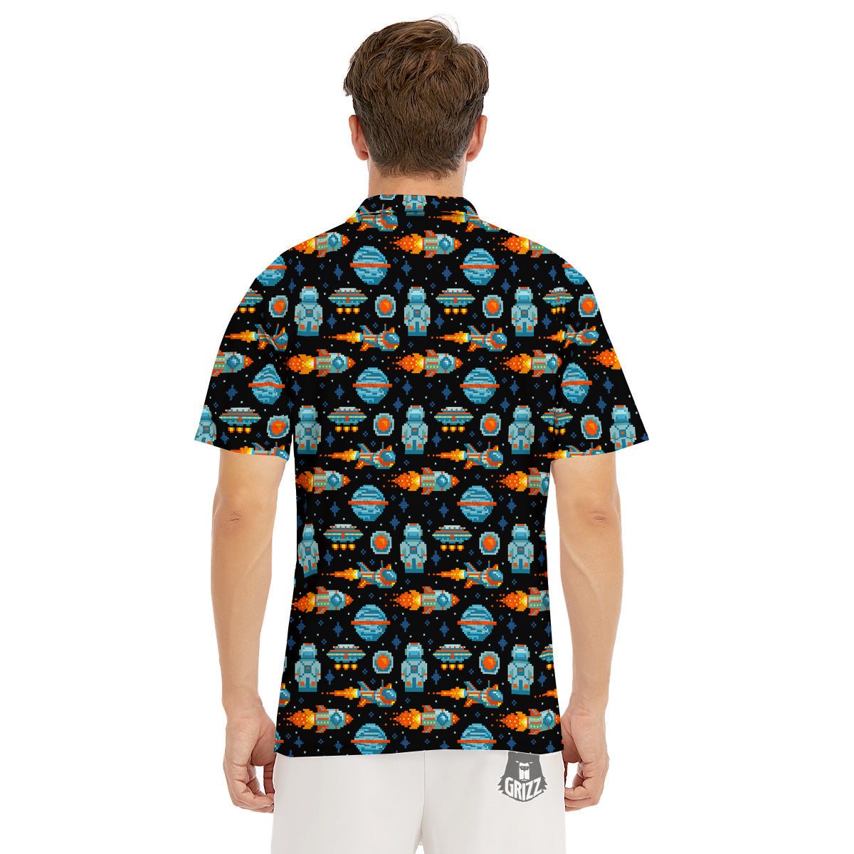 Pixel Art Space 8 Bit Print Pattern Men's Golf Shirts-grizzshop