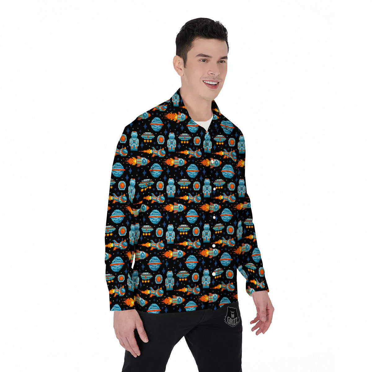 Pixel Art Space 8 Bit Print Pattern Men's Long Sleeve Shirts-grizzshop