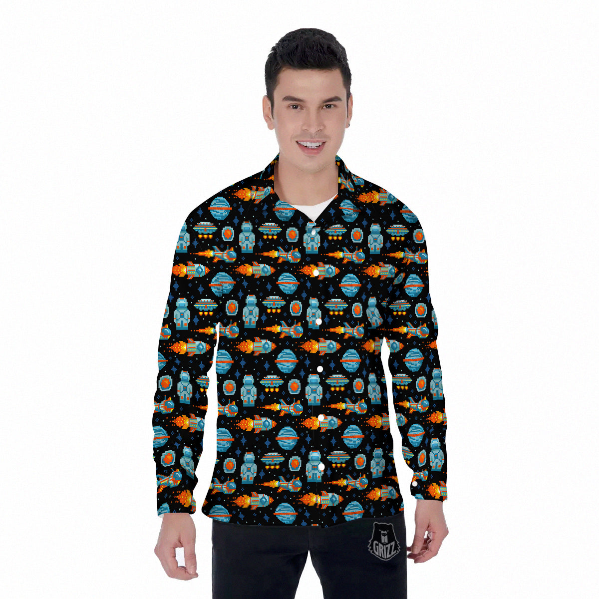 Pixel Art Space 8 Bit Print Pattern Men's Long Sleeve Shirts-grizzshop