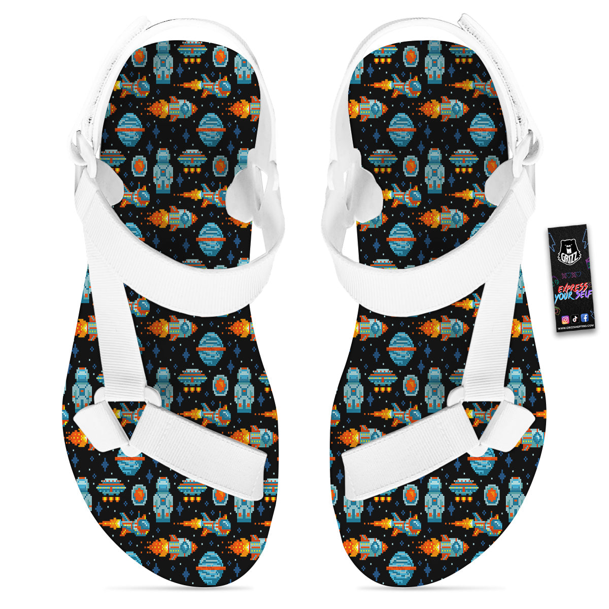 Pixel Art Space 8 Bit Print Pattern White Open Toe Sandals-grizzshop