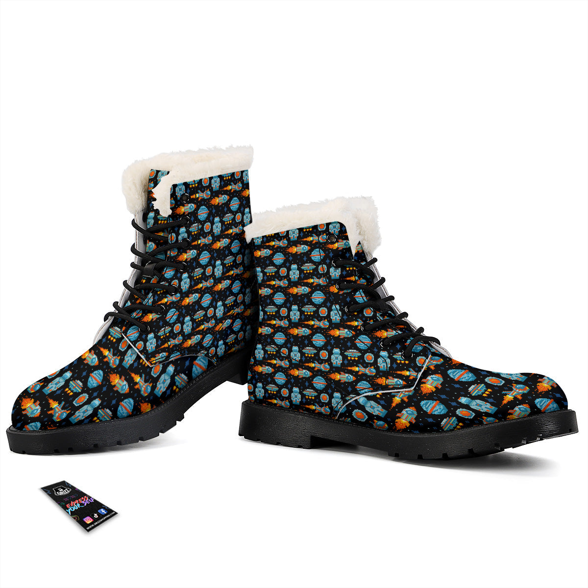 Pixel Art Space 8 Bit Print Pattern Winter Boots-grizzshop
