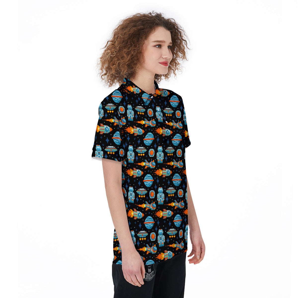 Pixel Art Space 8 Bit Print Pattern Women's Golf Shirts-grizzshop