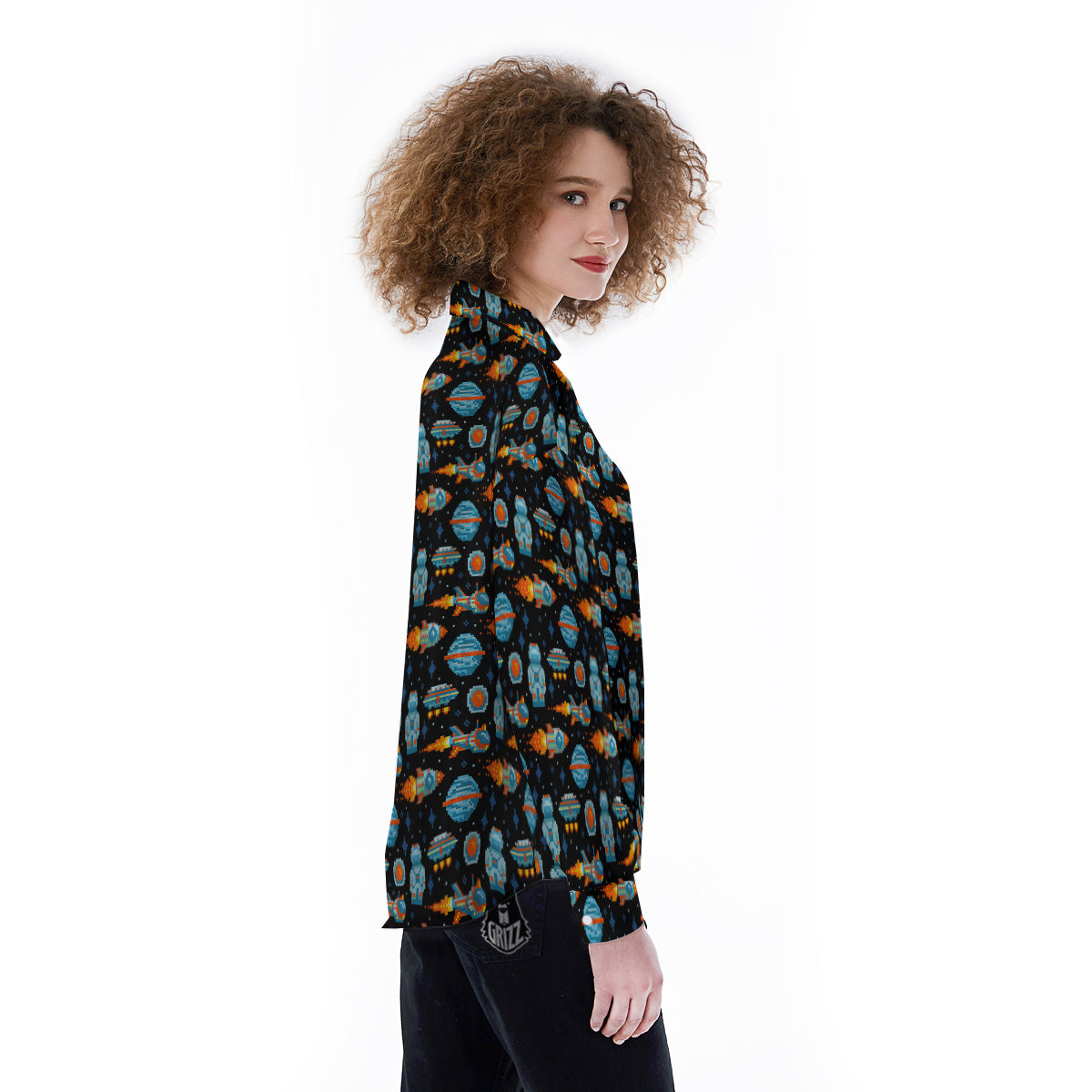 Pixel Art Space 8 Bit Print Pattern Women's Long Sleeve Shirts-grizzshop