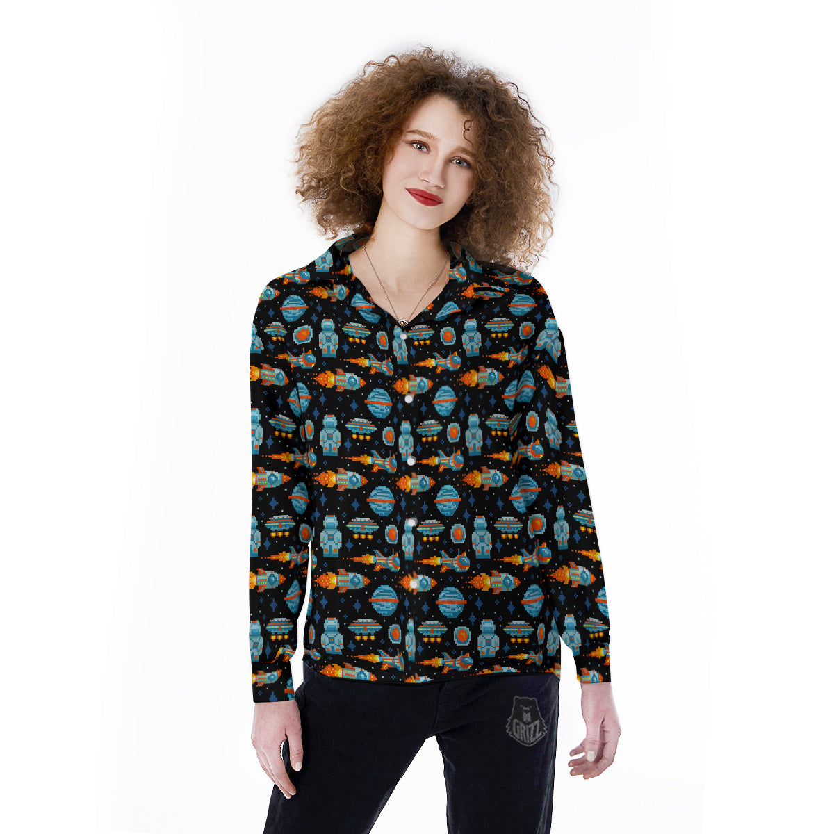 Pixel Art Space 8 Bit Print Pattern Women's Long Sleeve Shirts-grizzshop