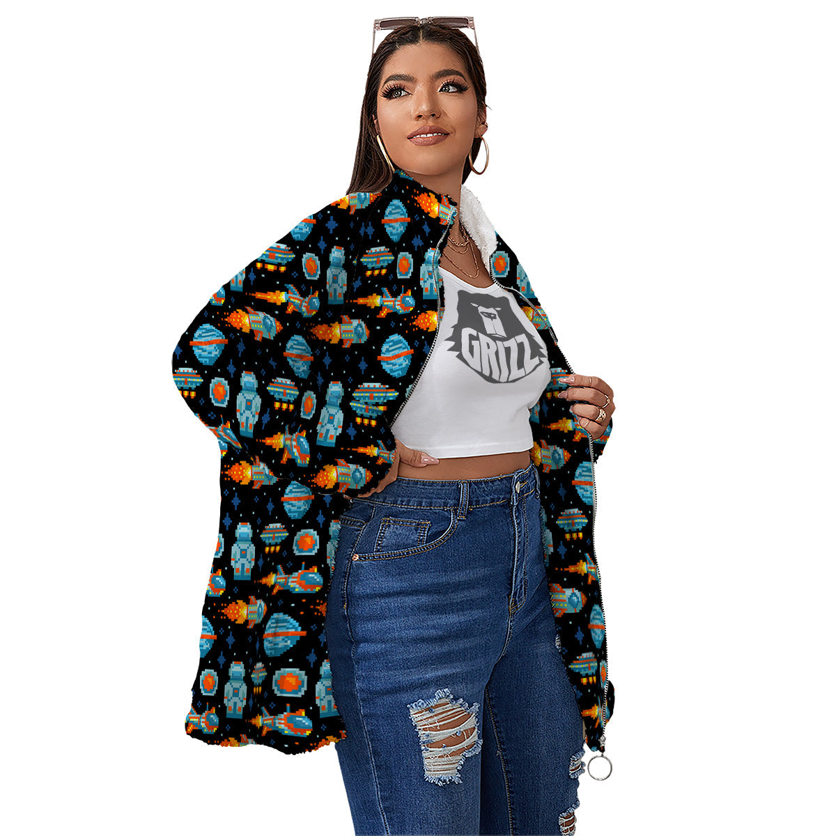 Pixel Art Space 8 Bit Print Pattern Women's Sherpa Jacket-grizzshop