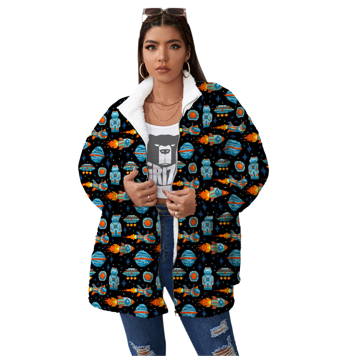 Pixel Art Space 8 Bit Print Pattern Women's Sherpa Jacket-grizzshop