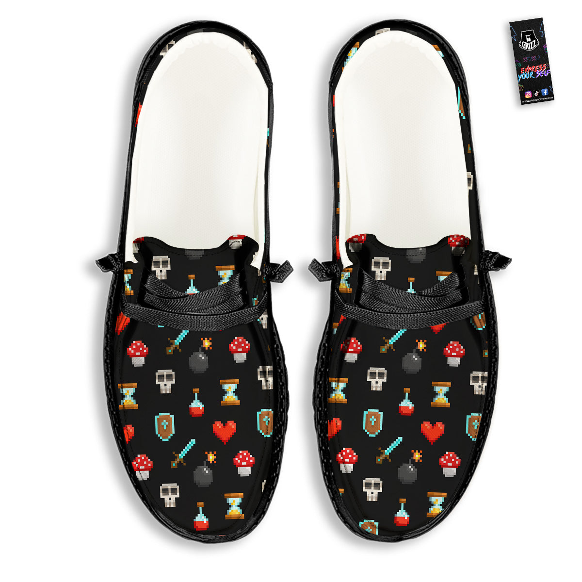 Pixel Graphics Game Icons Print Pattern Black Loafers-grizzshop