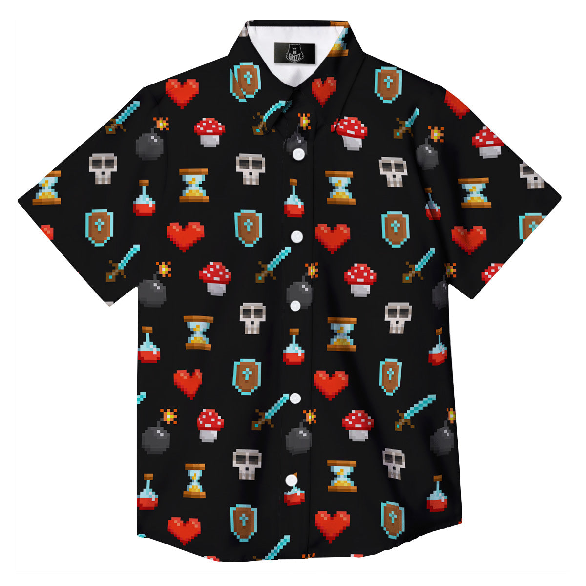 Pixel Graphics Game Icons Print Pattern Button Up Shirt-grizzshop