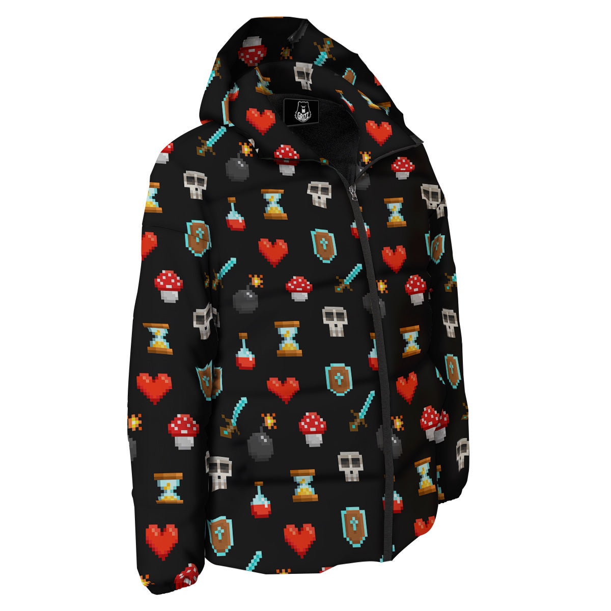 Pixel Graphics Game Icons Print Pattern Down Jacket-grizzshop