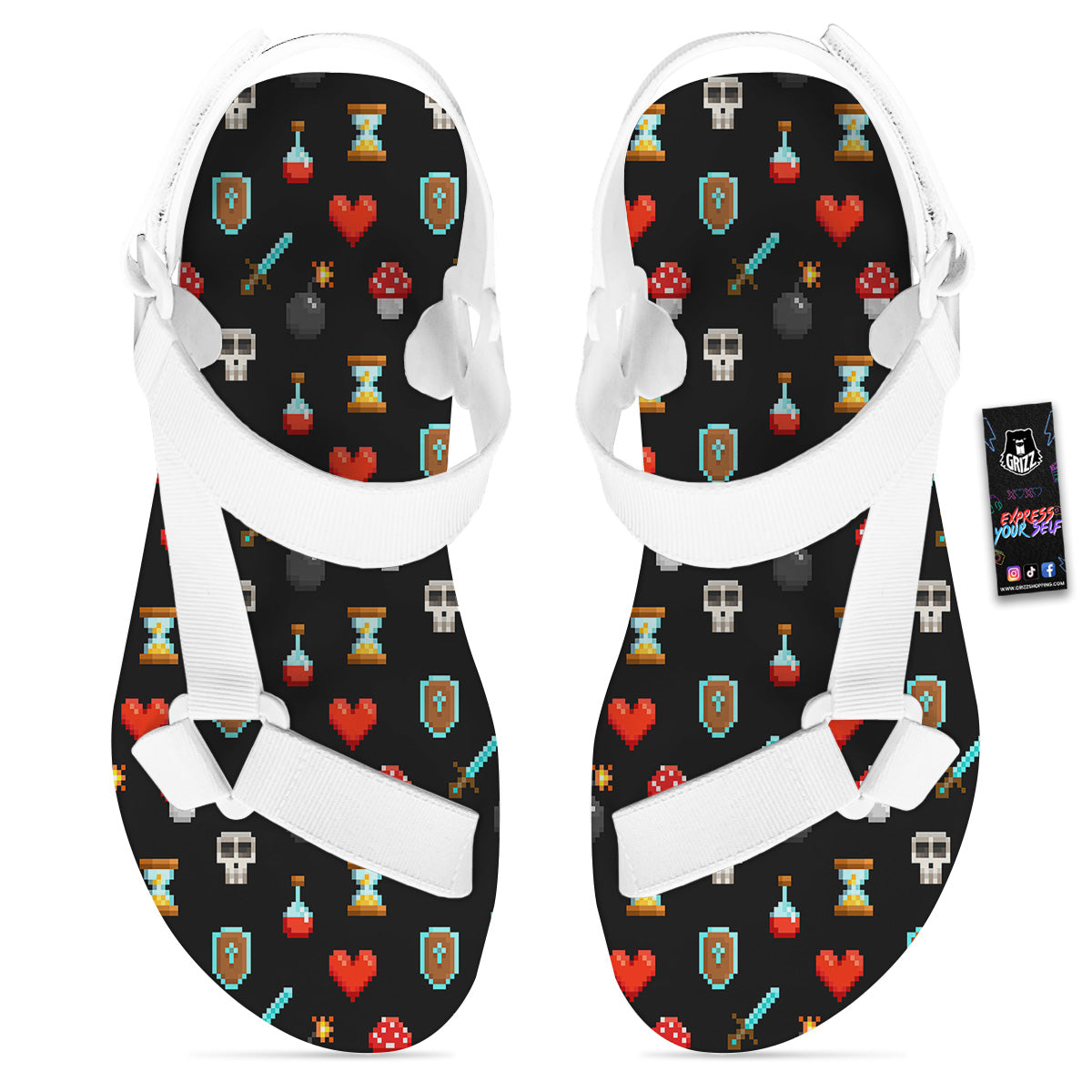 Pixel Graphics Game Icons Print Pattern White Open Toe Sandals-grizzshop