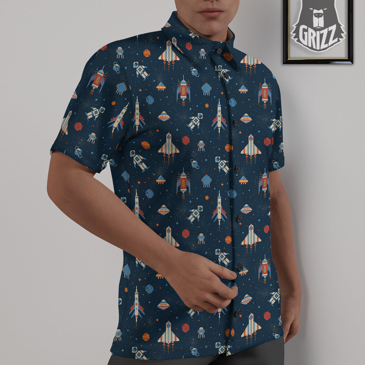 Pixel Space And Astronaut Print Pattern Untucked Shirts-grizzshop