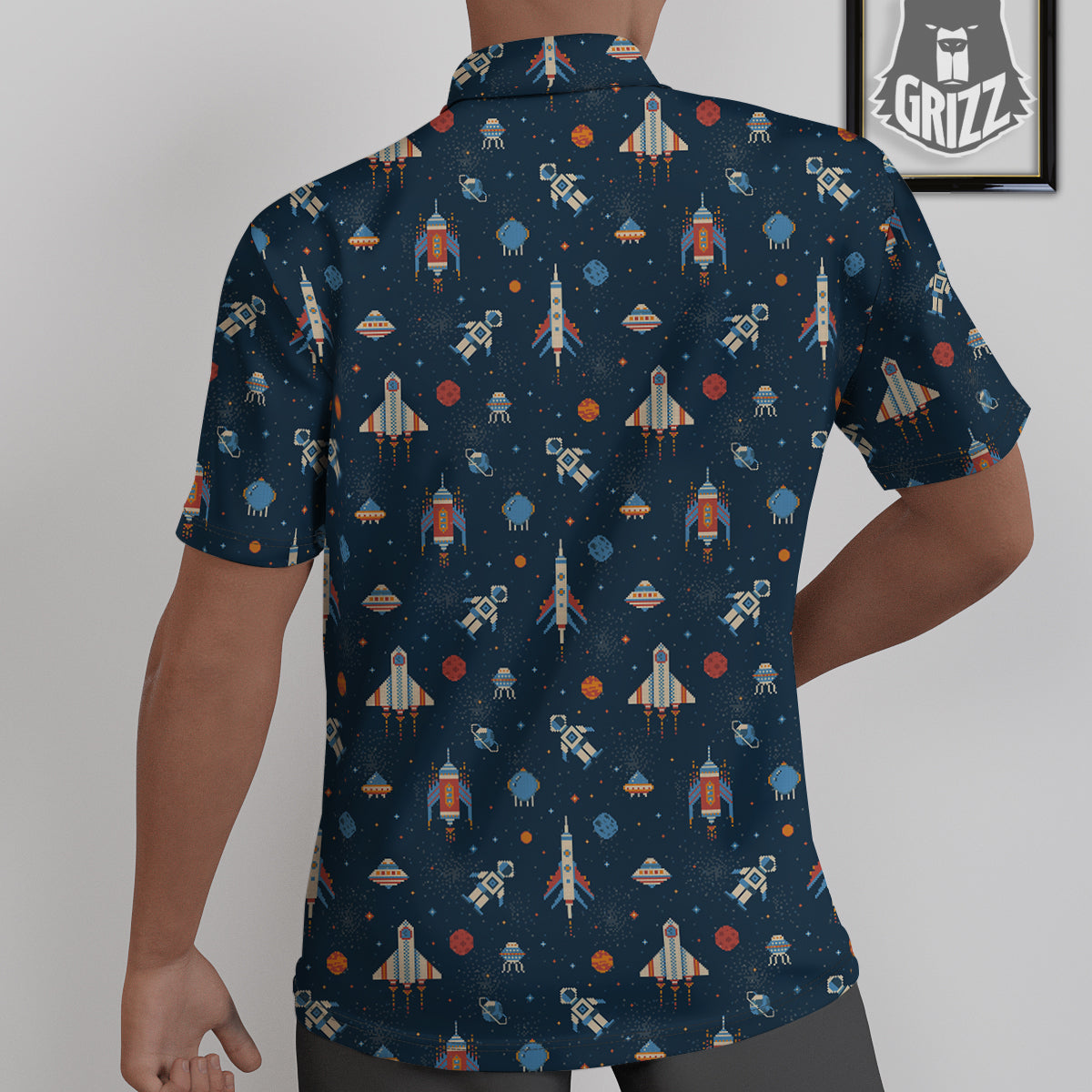Pixel Space And Astronaut Print Pattern Untucked Shirts-grizzshop