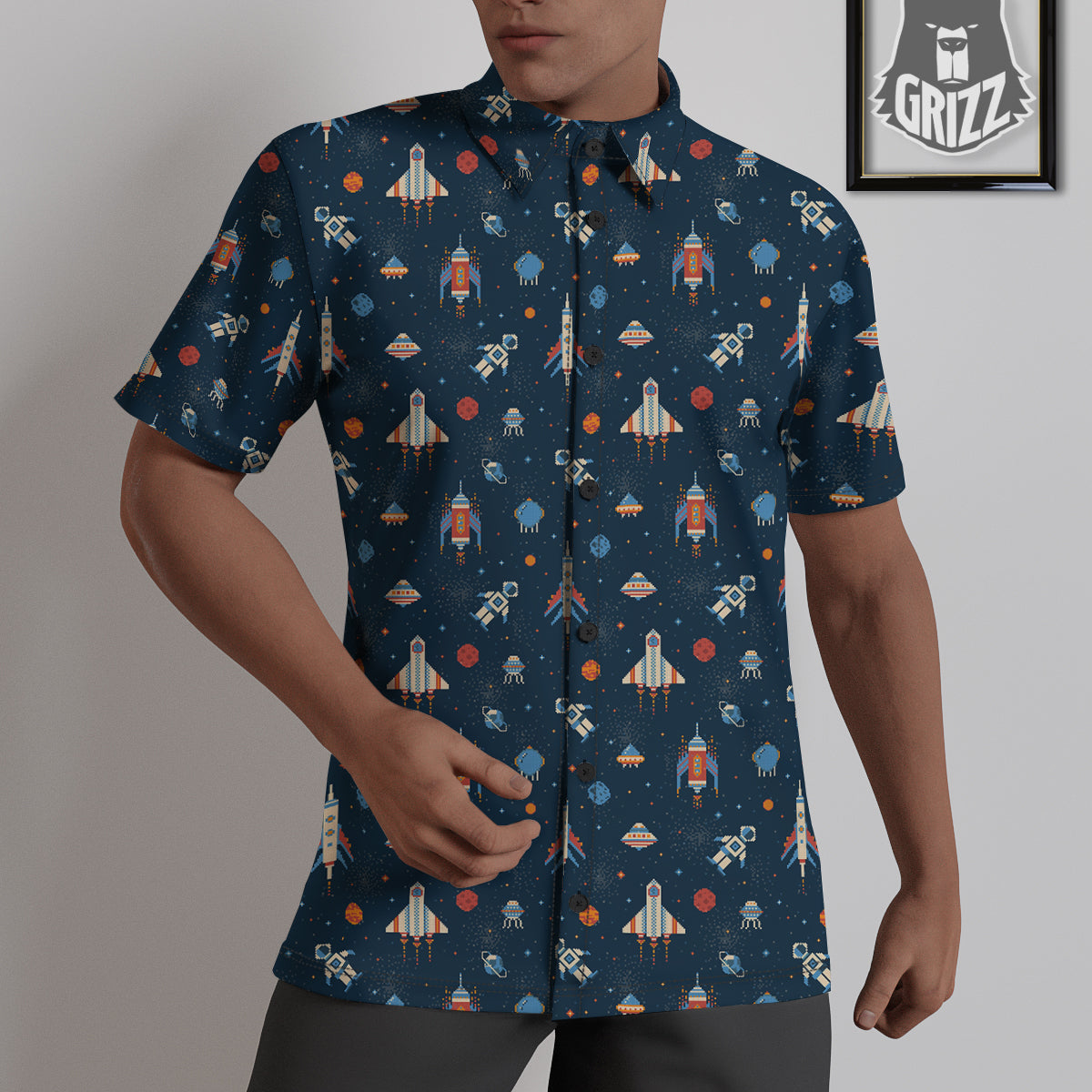 Pixel Space And Astronaut Print Pattern Untucked Shirts-grizzshop