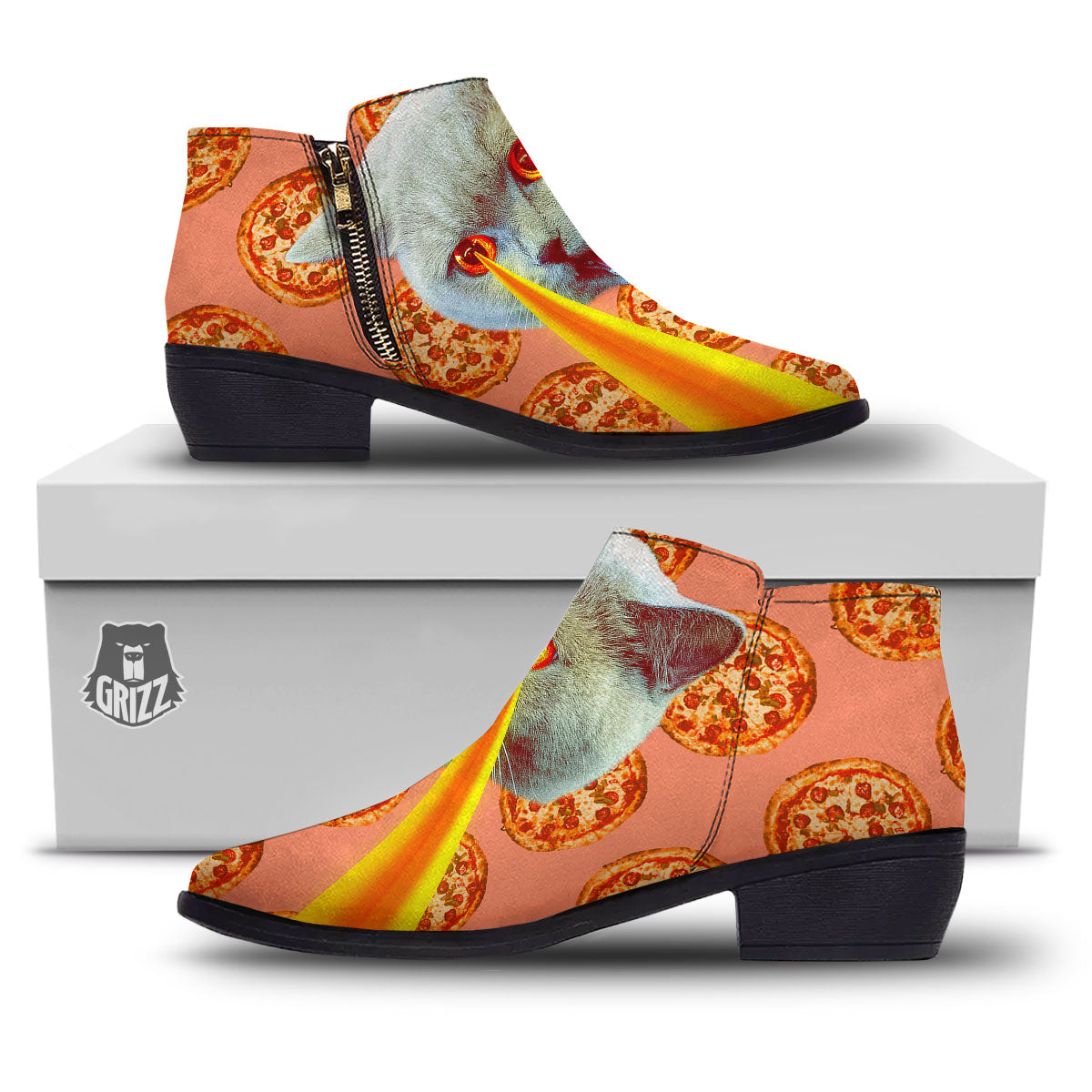 Pizza And Cat Print Ankle Boots-grizzshop