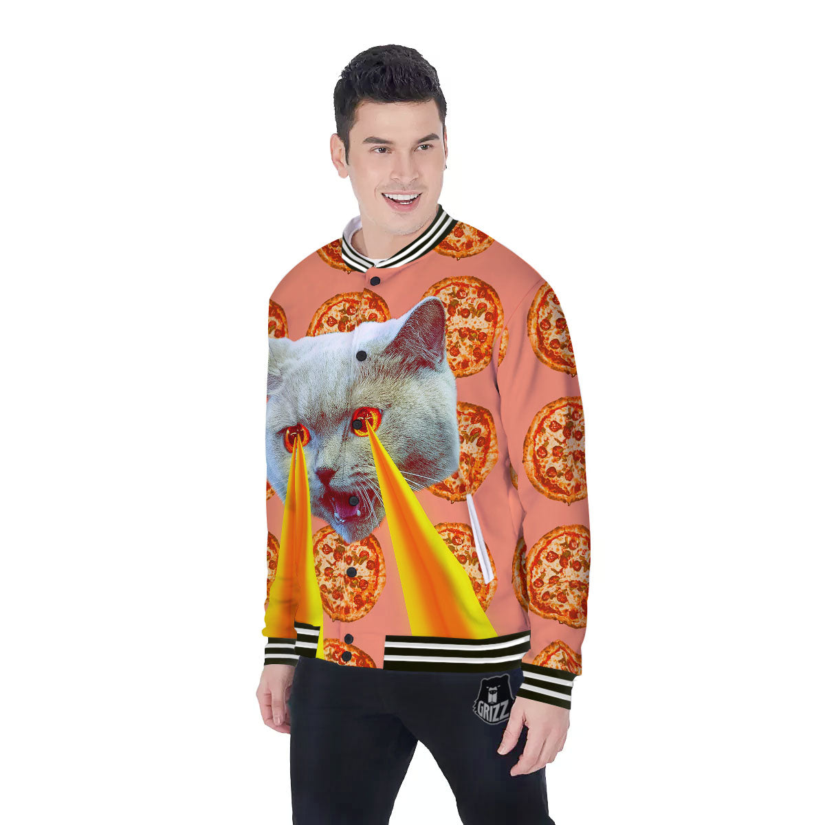 Pizza And Cat Print Baseball Jacket-grizzshop