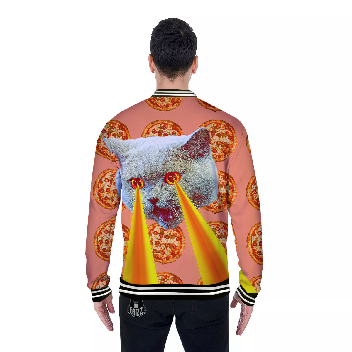 Pizza And Cat Print Baseball Jacket-grizzshop
