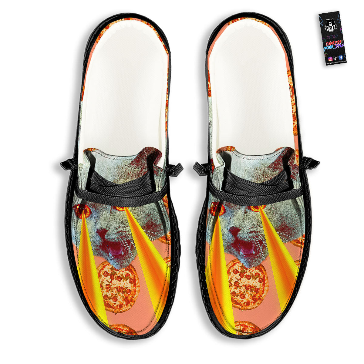 Pizza And Cat Print Black Loafers-grizzshop