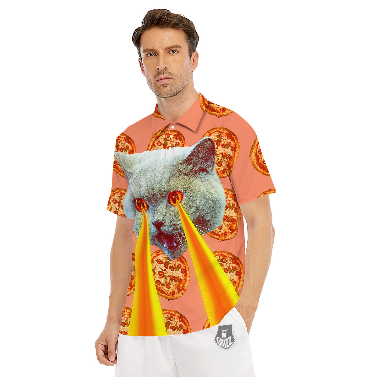 Pizza And Cat Print Men's Golf Shirts-grizzshop