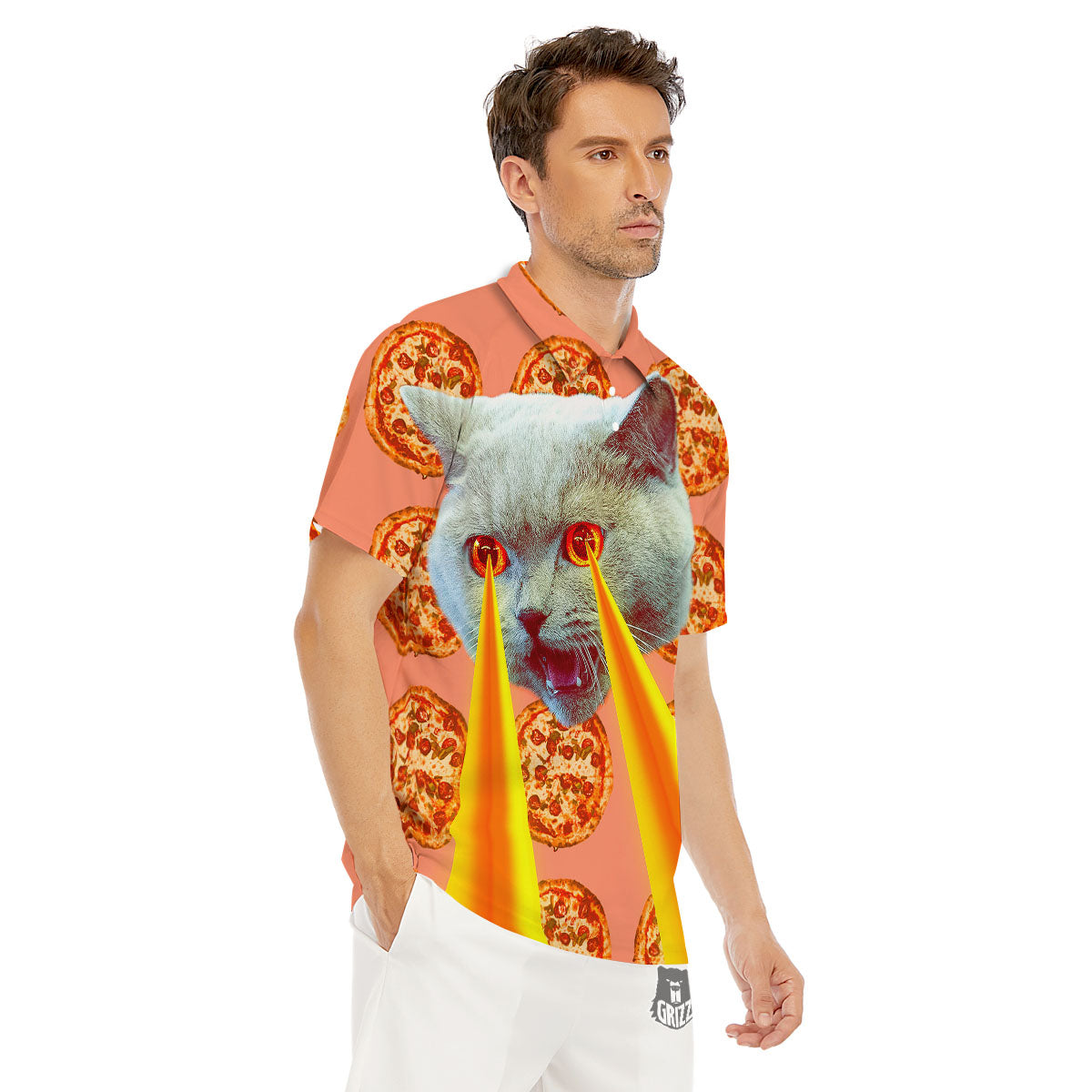 Pizza And Cat Print Men's Golf Shirts-grizzshop