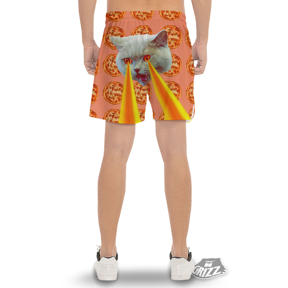 Pizza And Cat Print Men's Gym Shorts-grizzshop