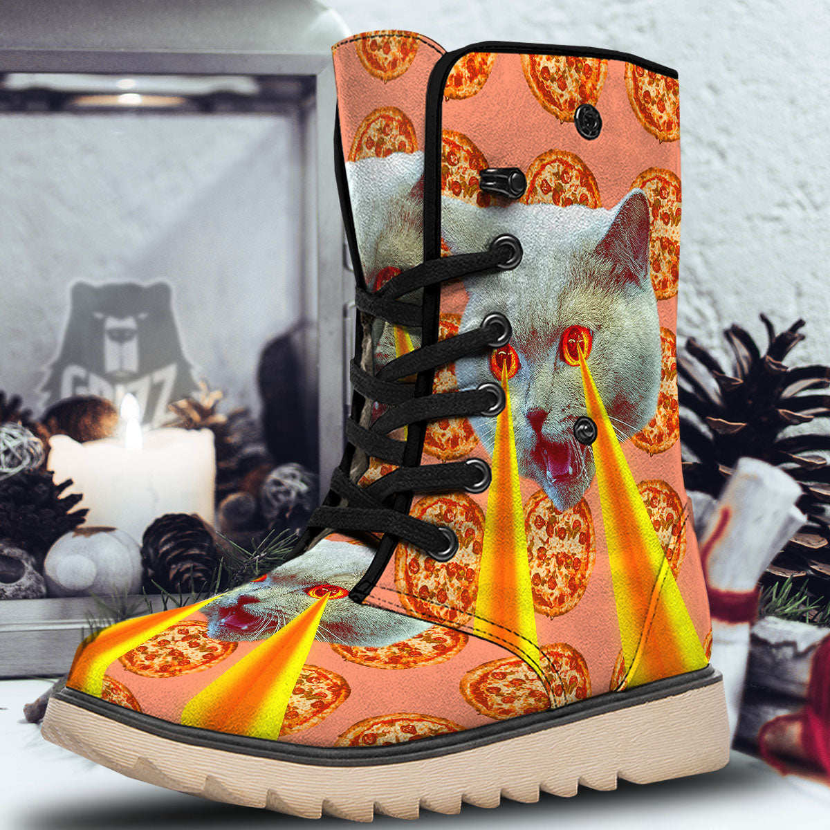 Pizza And Cat Print Snow Boots-grizzshop