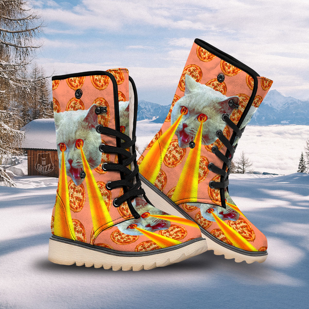 Pizza And Cat Print Snow Boots-grizzshop