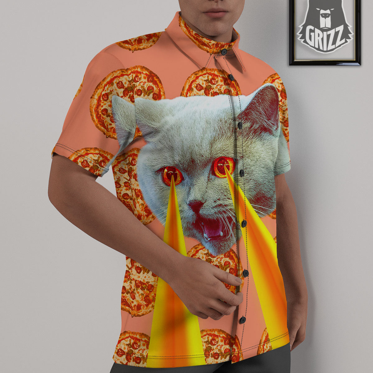 Pizza And Cat Print Untucked Shirts-grizzshop