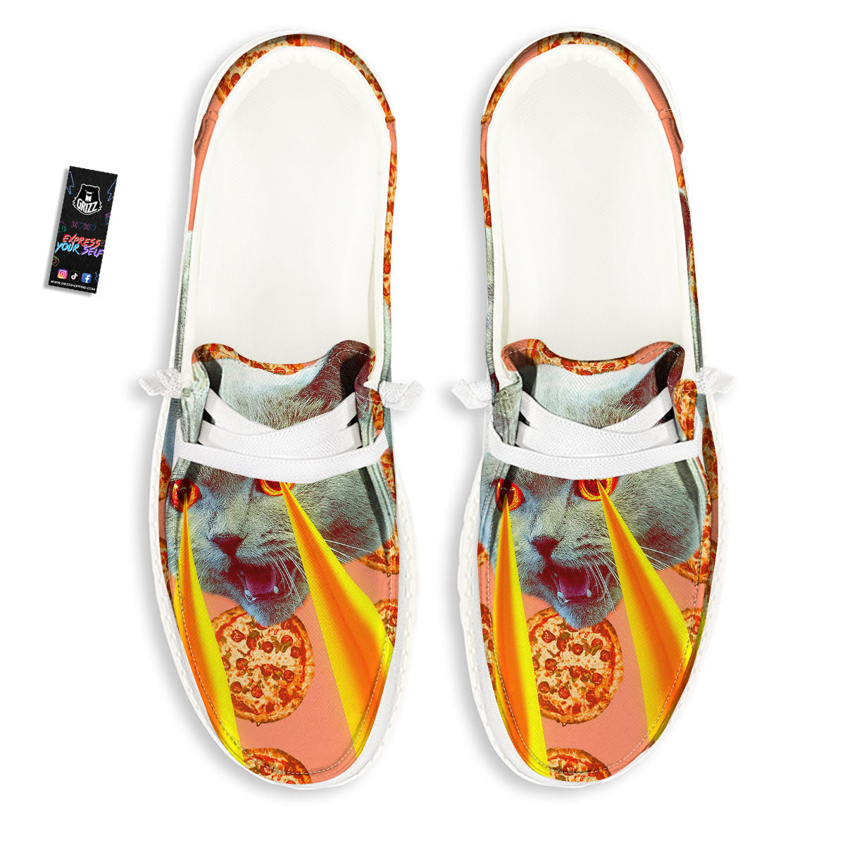 Pizza And Cat Print White Loafers-grizzshop