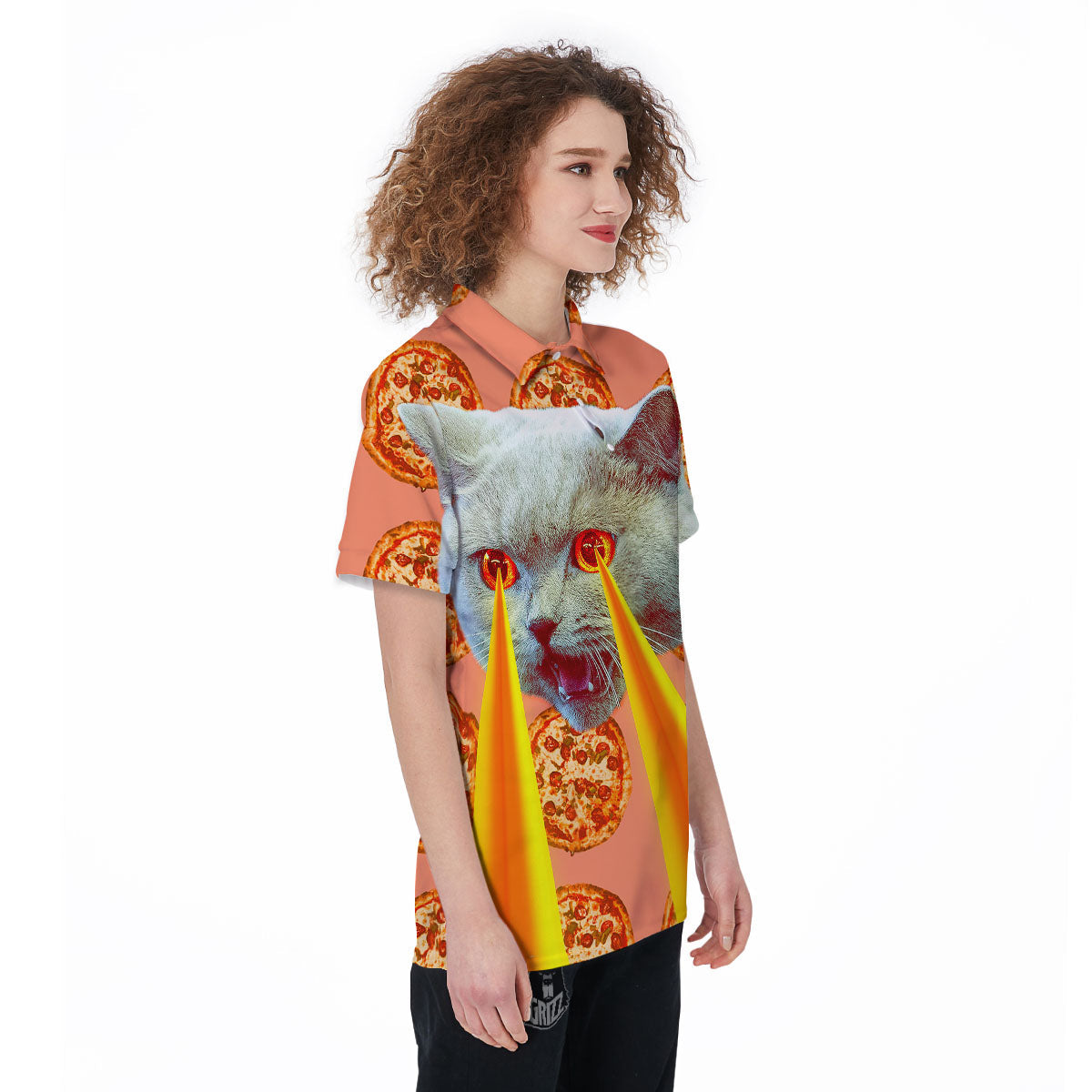 Pizza And Cat Print Women's Golf Shirts-grizzshop